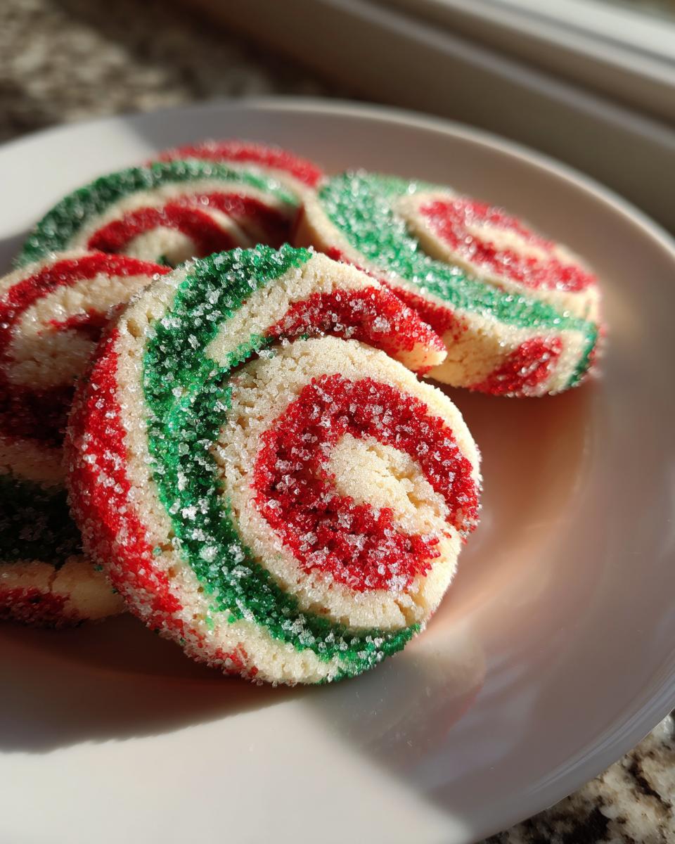 Close-up of three holiday pinwheel cookies featuring red, green, and white swirls, coated in sparkling sugar.