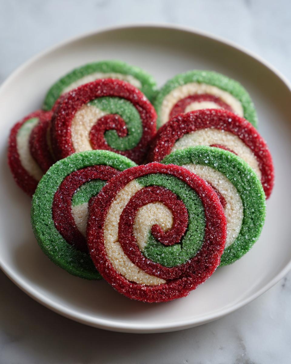 Close-up of several festive red, green, and white pinwheel cookies dusted with sugar on a white plate.
