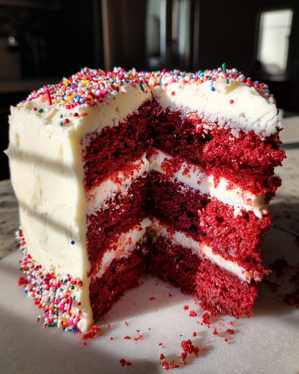 A slice removed from a tall red velvet poke cake showing four layers of deep red cake and white frosting, topped with rainbow sprinkles.