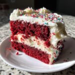 A moist slice of red velvet poke cake layered with white filling and topped with cream cheese frosting and colorful sprinkles.
