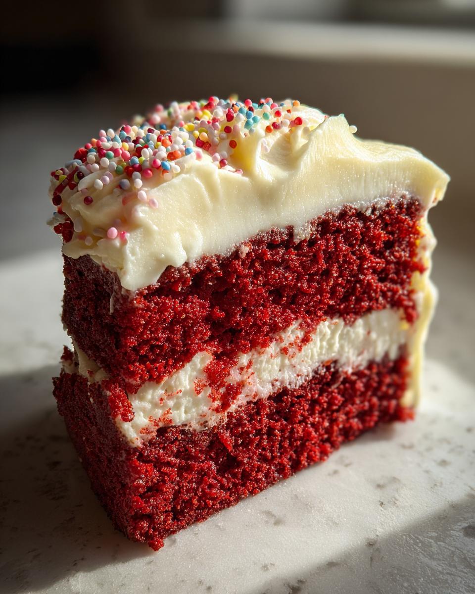 A close-up slice of moist red velvet poke cake layered with cream cheese frosting and topped with colorful sprinkles.