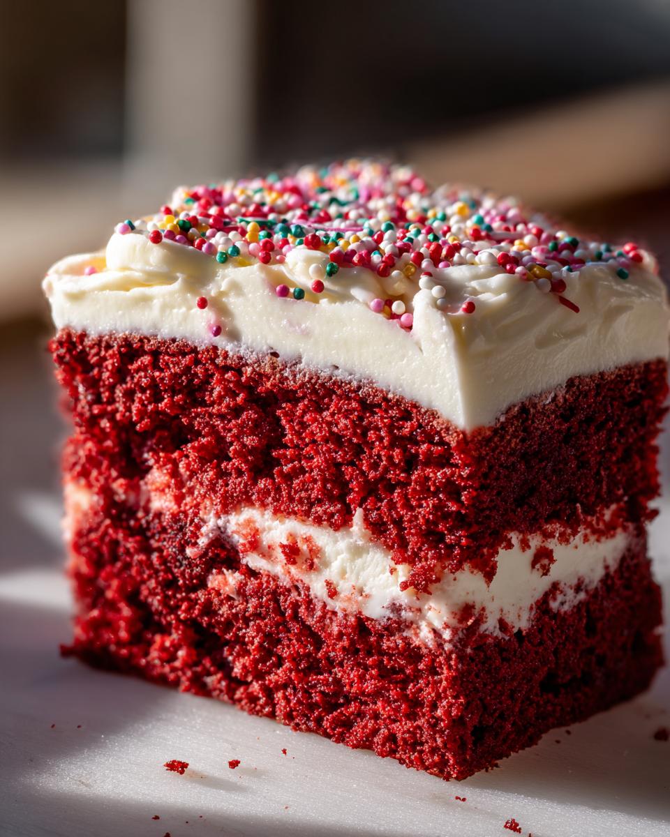 Close-up of a moist slice of red velvet poke cake layered with cream cheese frosting and topped with colorful sprinkles.