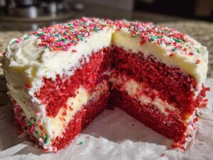A slice cut from a vibrant red velvet poke cake showing the moist red layers, creamy filling, and white frosting topped with sprinkles.