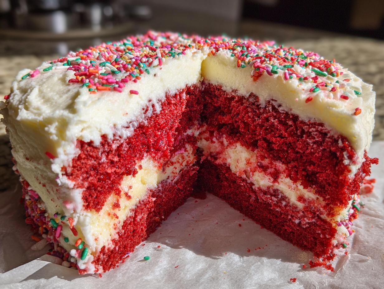 A slice cut from a vibrant red velvet poke cake showing the moist red layers, creamy filling, and white frosting topped with sprinkles.