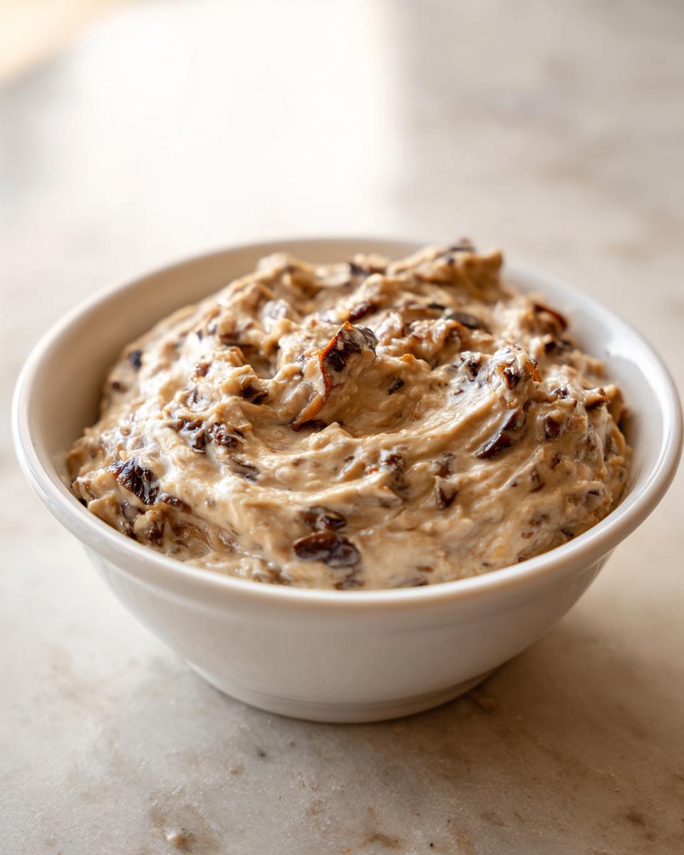 Close-up of a bowl filled with thick, creamy caramelized onion dip featuring visible chunks of dark, rich onions.
