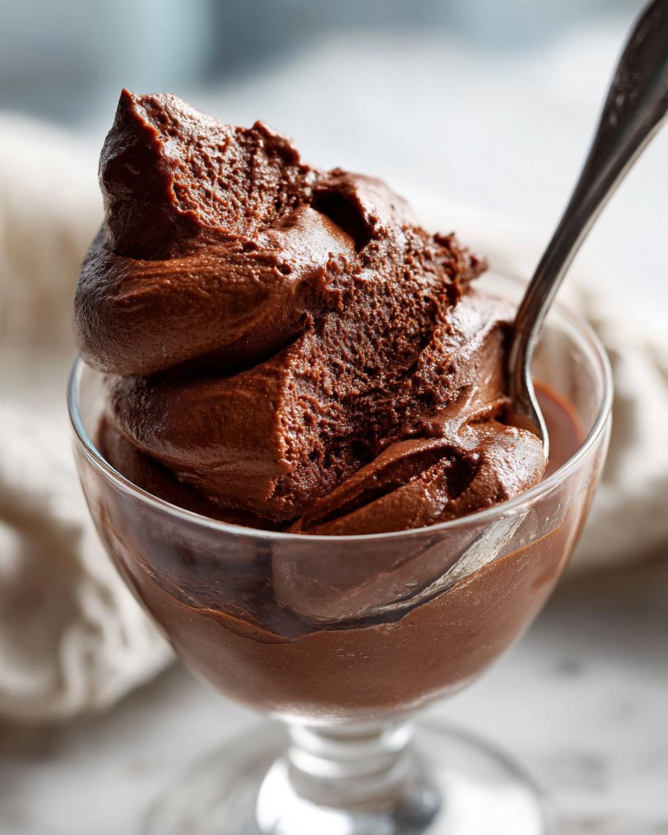 A close-up of rich, dark chocolate mousse served in a stemmed glass dish with a spoon resting inside.
