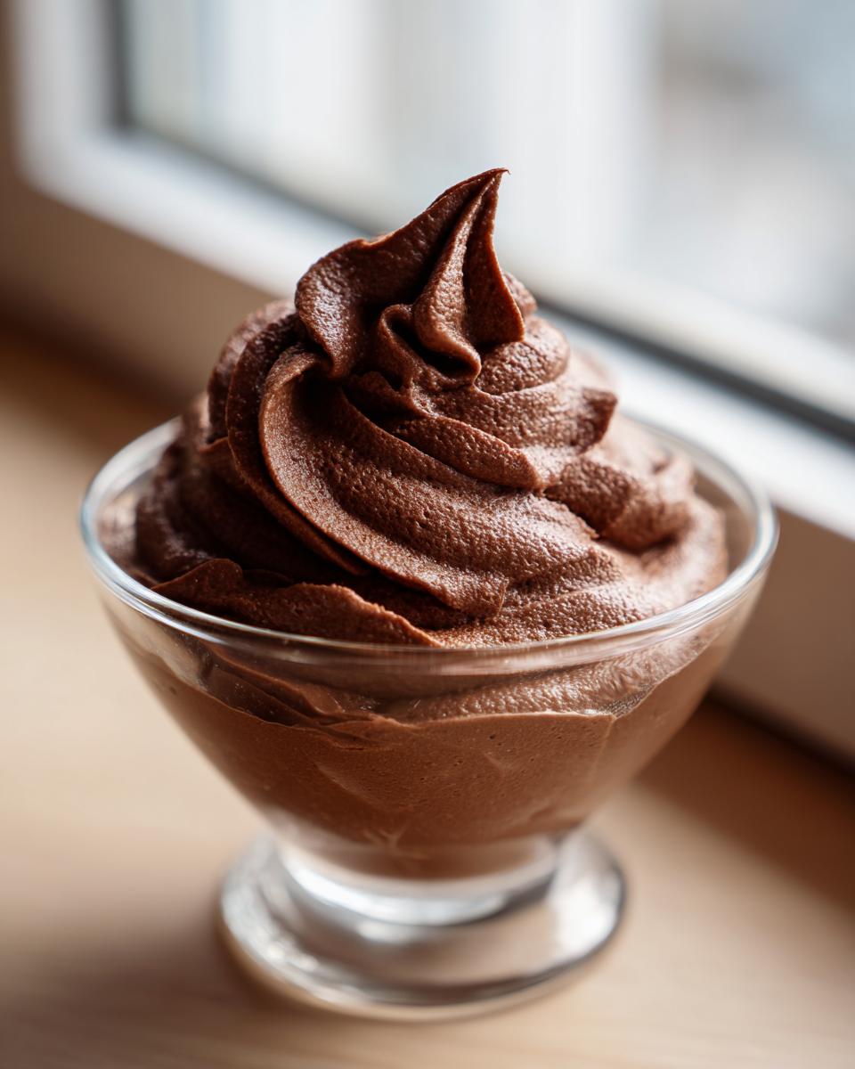 A rich, dark chocolate mousse piped into a swirl in a clear glass dish.