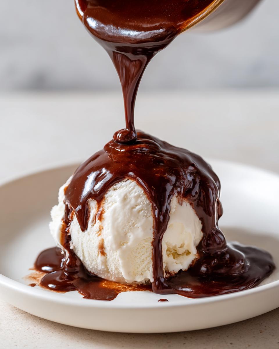 Thick, glossy chocolate syrup being poured from a small pot over a scoop of vanilla ice cream.