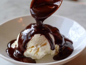 A spoonful of thick, glossy homemade chocolate syrup is being poured over a scoop of vanilla ice cream in a white bowl.