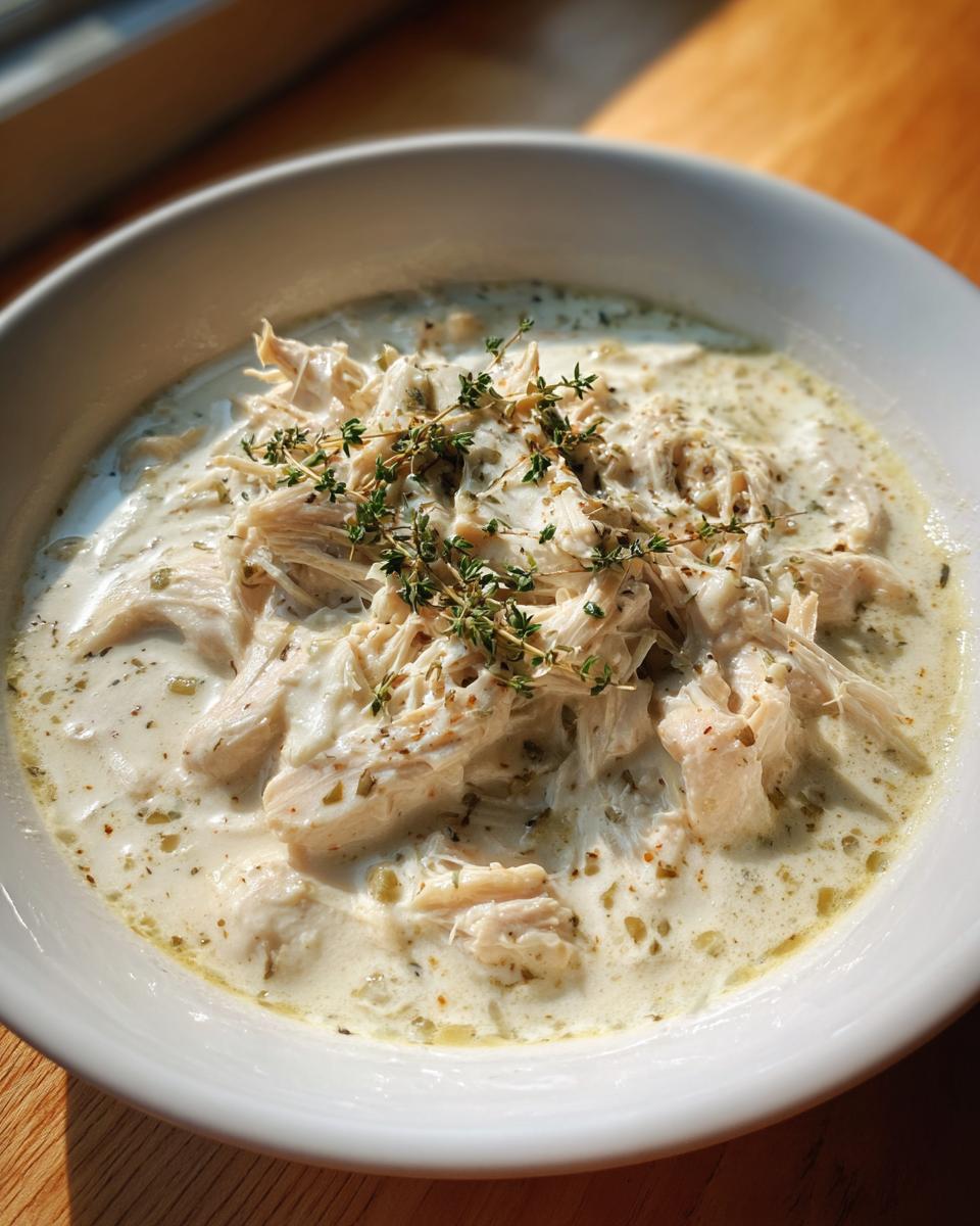 A close-up of rich, creamy cream of chicken soup topped with shredded chicken and fresh thyme.