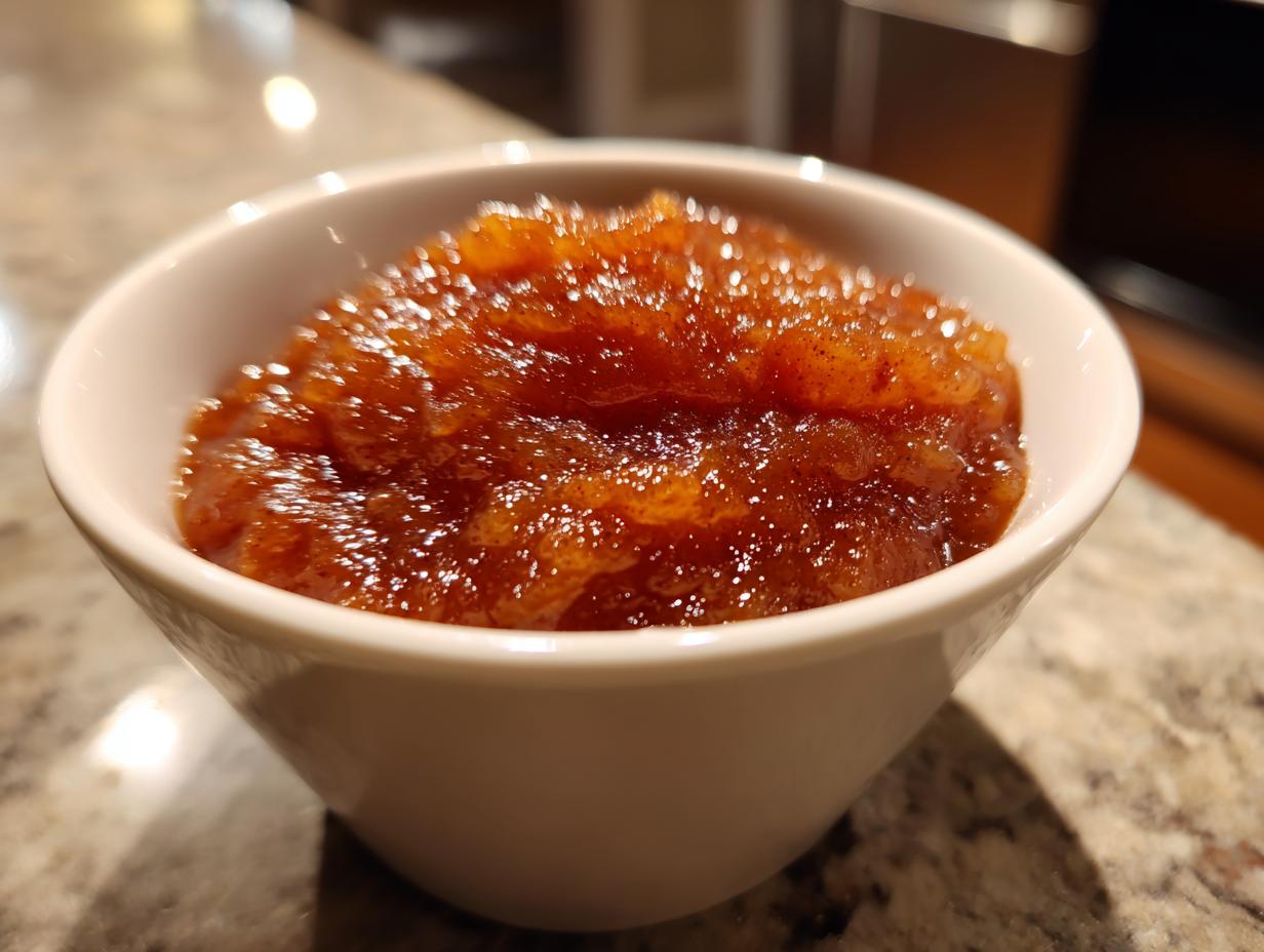 Close-up of rich, dark brown homemade applesauce served in a small white bowl on a granite countertop.