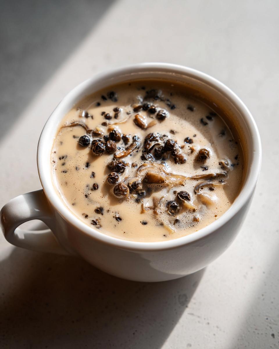 Close-up of creamy peppercorn sauce generously topped with whole black peppercorns in a white mug.