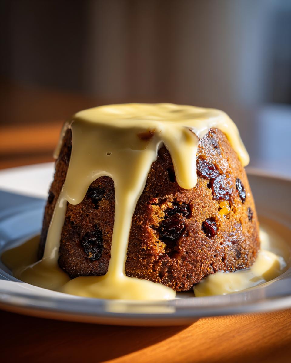 A dark, rich plum pudding topped generously with flowing vanilla custard, served on a white plate.