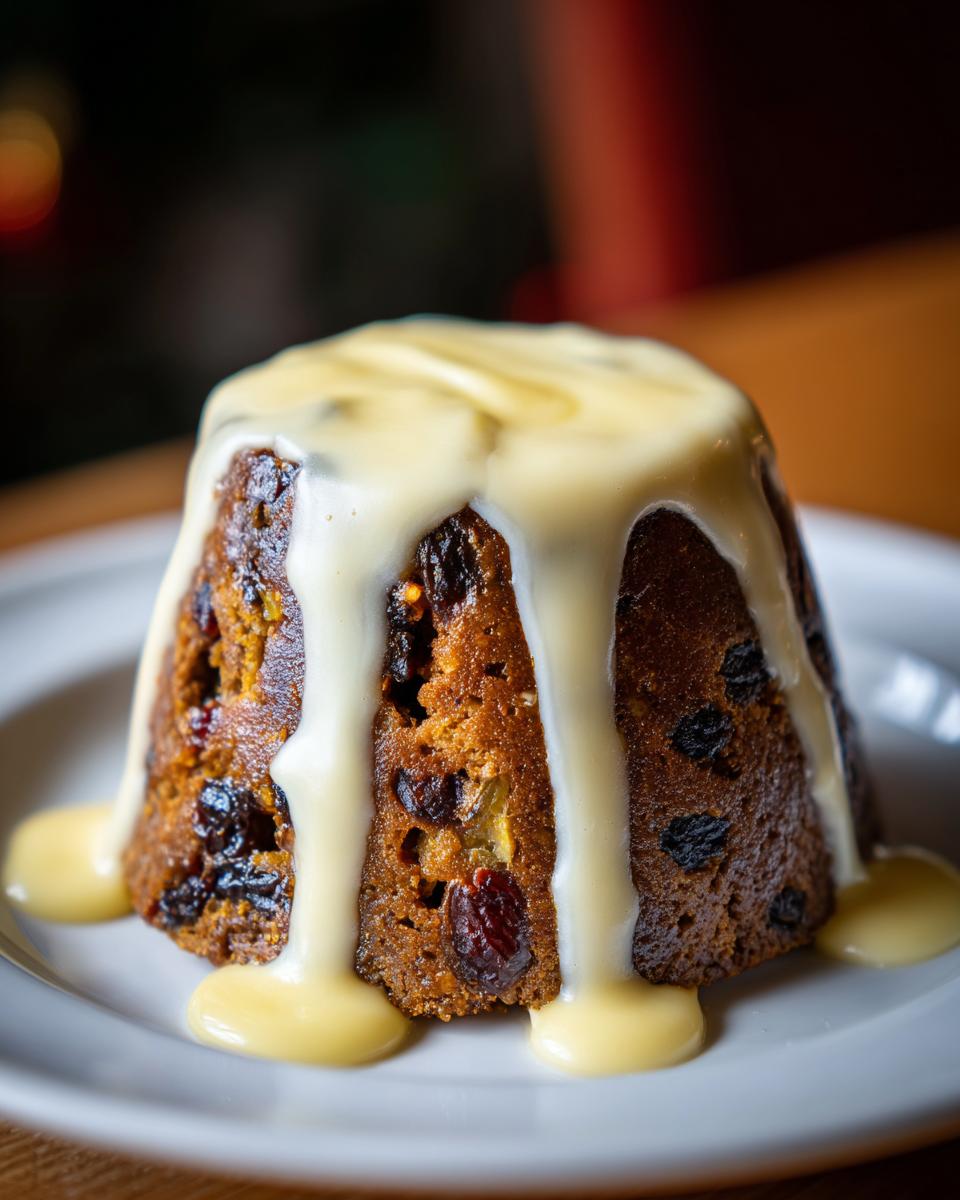 A close-up of a traditional plum pudding covered in thick, flowing vanilla sauce on a white plate.