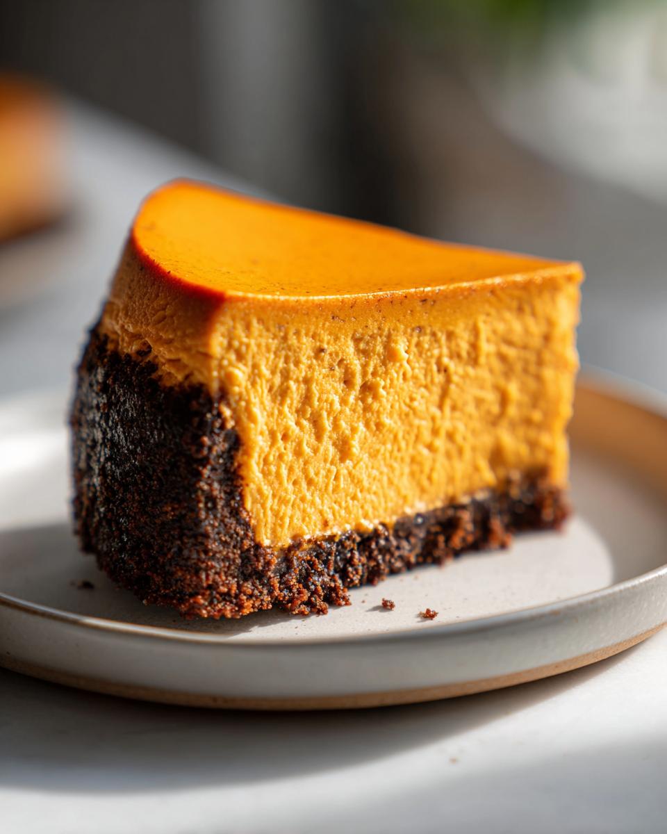 A close-up of a thick, vibrant orange slice of sweet potato cheesecake resting on a light ceramic plate.