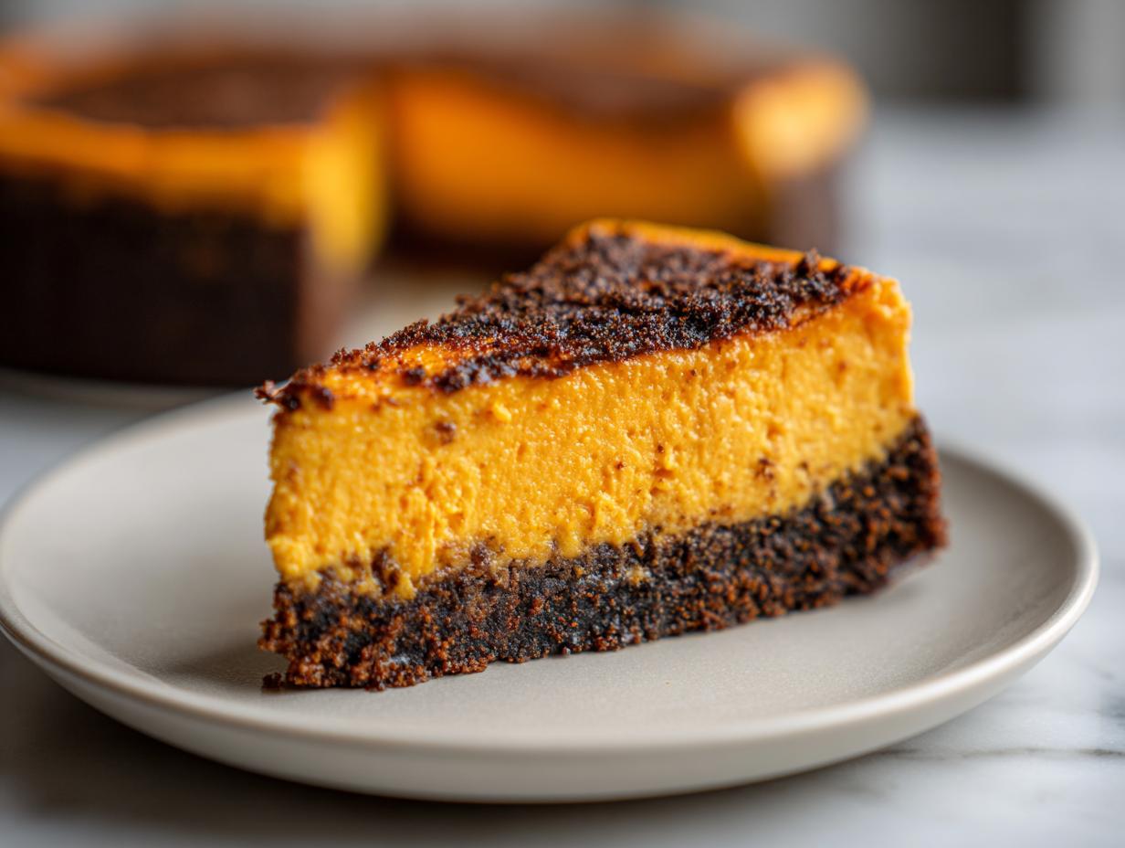 A close-up of a single slice of rich, orange sweet potato cheesecake on a light plate, featuring a dark chocolate crust.
