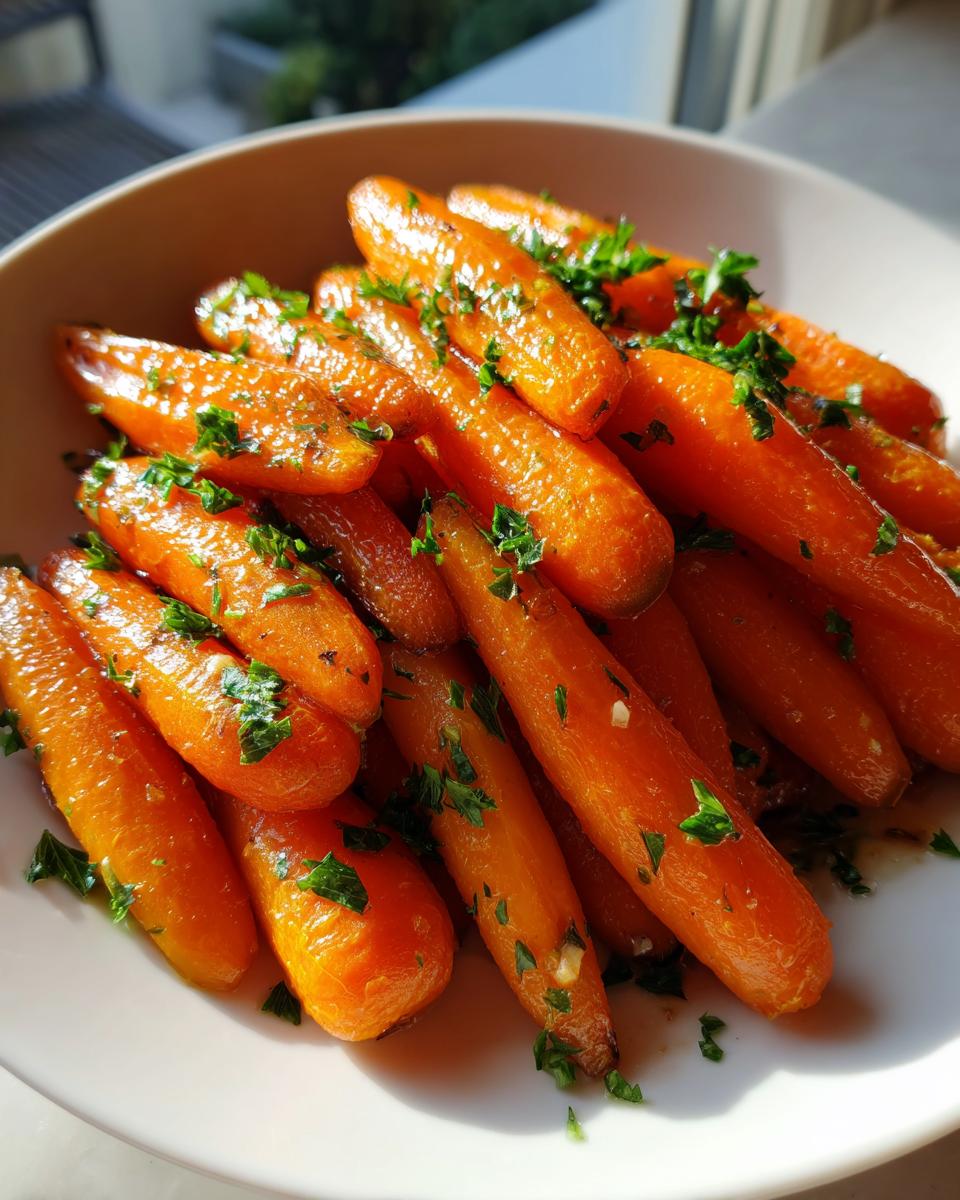 A bowl filled with shiny, glazed roasted baby carrots, topped generously with chopped fresh parsley.
