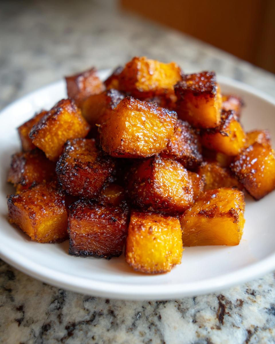 Close-up of a white plate piled high with perfectly caramelized roasted butternut squash cubes.