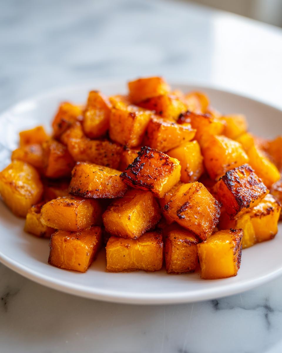 Close-up of perfectly caramelized and seasoned roasted butternut squash cubes piled on a white plate.