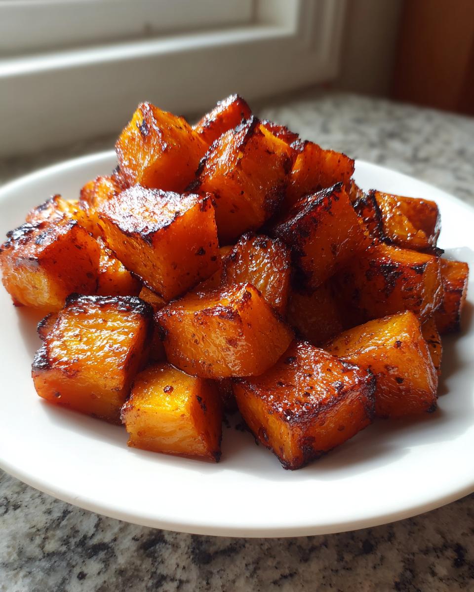 A pile of beautifully caramelized roasted butternut squash cubes served on a white plate.