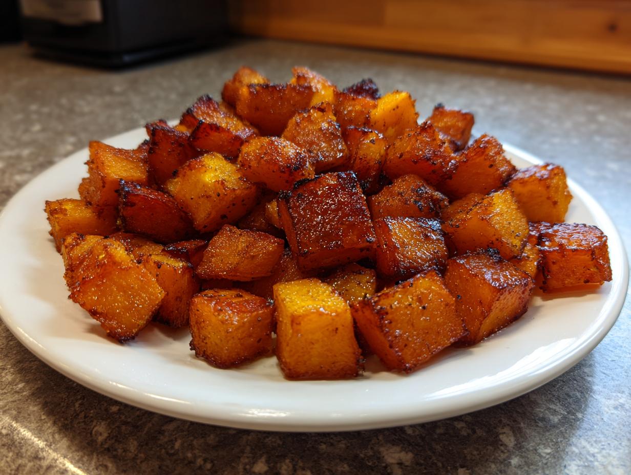 A mound of caramelized, perfectly roasted butternut squash cubes served on a white plate.