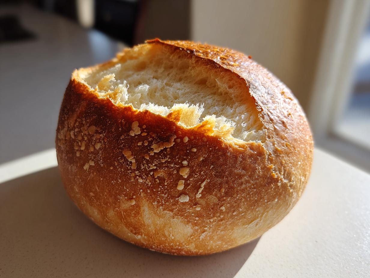 A close-up of a freshly baked, round bread bowl with a golden crust, ready to be filled with soup.