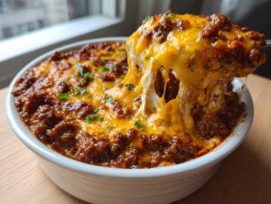 A spoonful being lifted from a bowl of hot sausage cream cheese dip, showing a dramatic cheese pull.