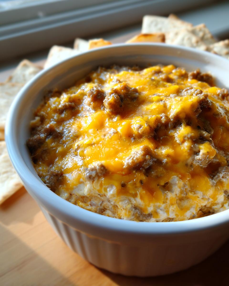 Close-up of hot, bubbly sausage cream cheese dip topped with melted cheddar cheese, served with crackers.