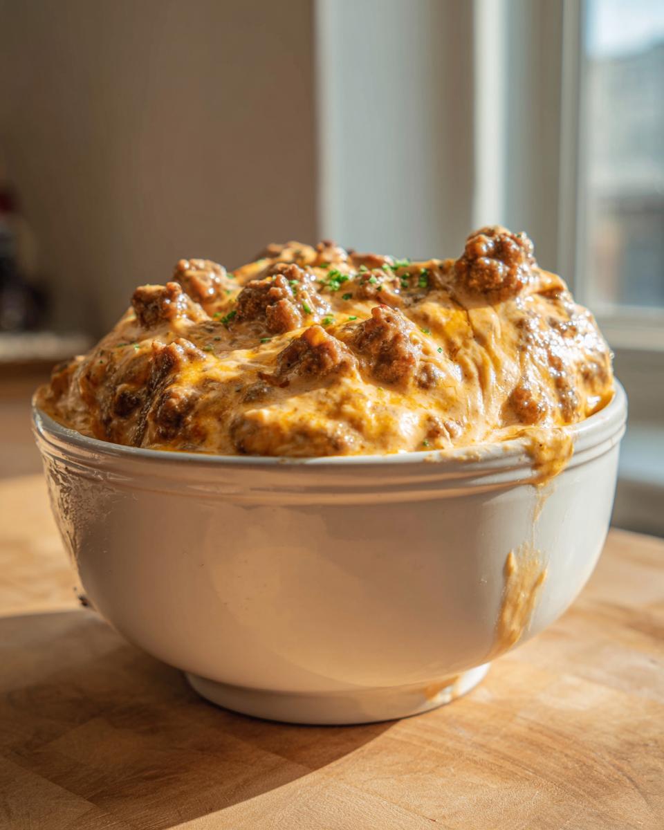 A heaping bowl of hot, cheesy sausage cream cheese dip overflowing onto a wooden cutting board.