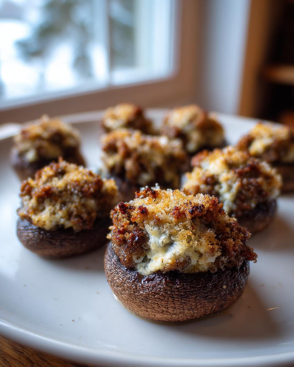Close-up of several golden brown sausage stuffed mushrooms with a crispy topping served on a white plate.