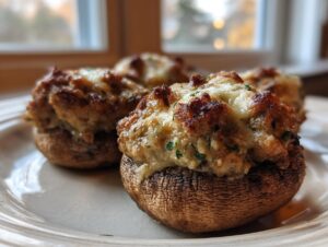Close-up of three golden-brown sausage stuffed mushrooms topped with melted cheese, ready to eat.