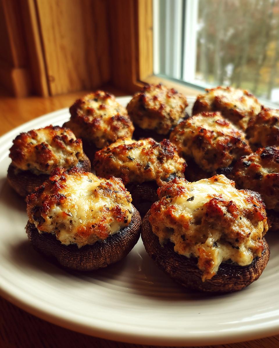 A plate of golden-brown, baked sausage stuffed mushrooms topped with melted cheese.