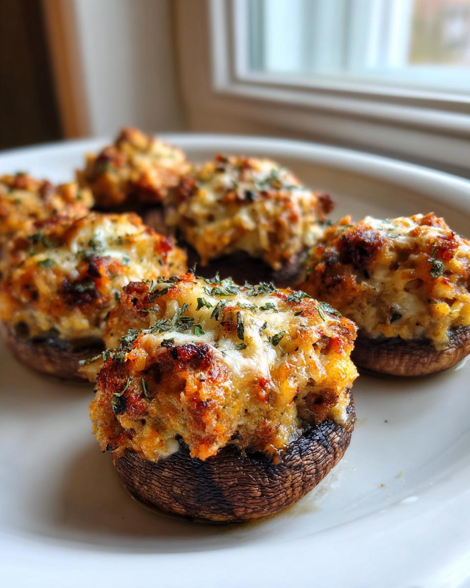 Close-up of several golden-brown sausage stuffed mushrooms topped with melted cheese and herbs on a white plate.