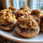 Close-up of several golden-brown sausage stuffed mushrooms with a crispy, cheesy topping served on a white plate.