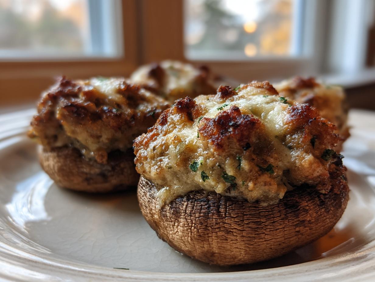 Close-up of three golden-brown sausage stuffed mushrooms topped with melted cheese, ready to eat.