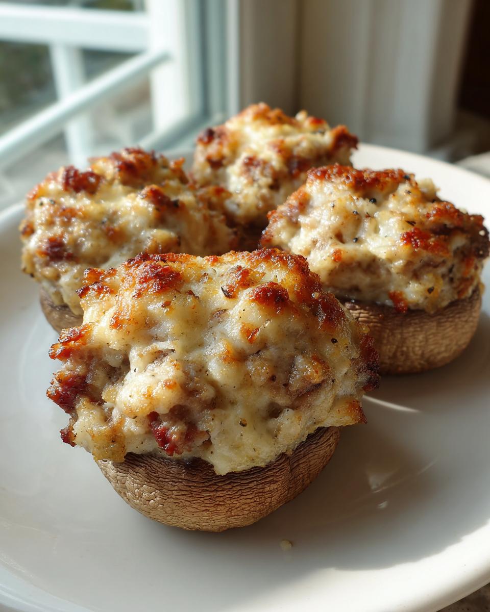 Four golden brown sausage stuffed mushrooms topped with melted, slightly browned cheese, served on a white plate.