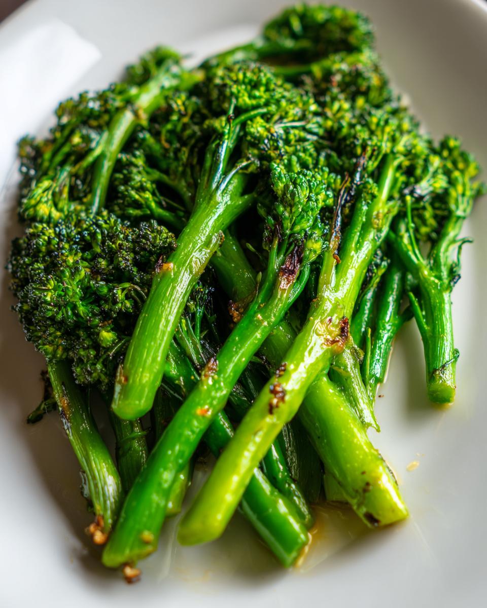 A close-up, vibrant photo of perfectly cooked broccolini stalks piled on a white plate, showing slight charring.