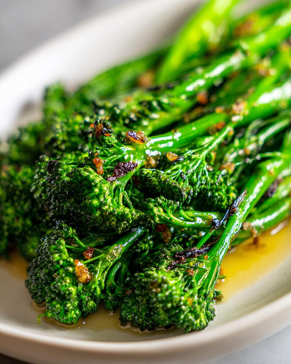 Close-up of vibrant green, perfectly cooked broccolini tossed in oil and topped with crispy browned garlic bits.