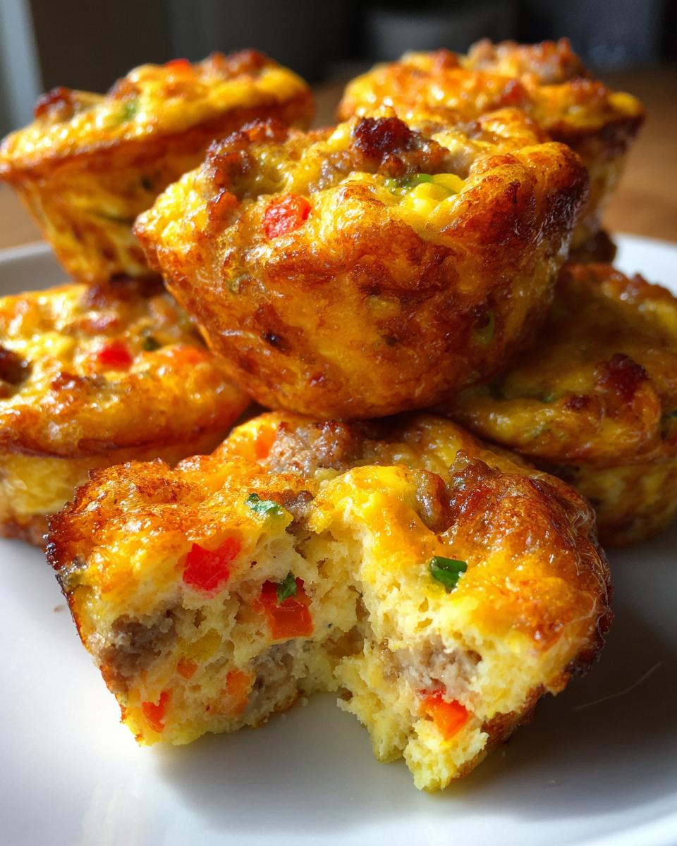 Close-up of several savory egg bites, one with a bite taken out showing sausage and diced peppers inside.