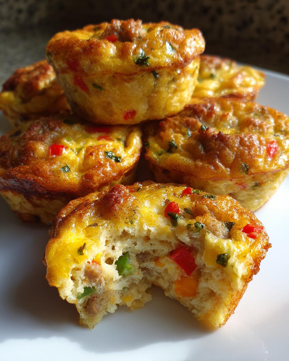 Close-up of savory baked egg bites, one bitten into, showing sausage and colorful peppers inside.
