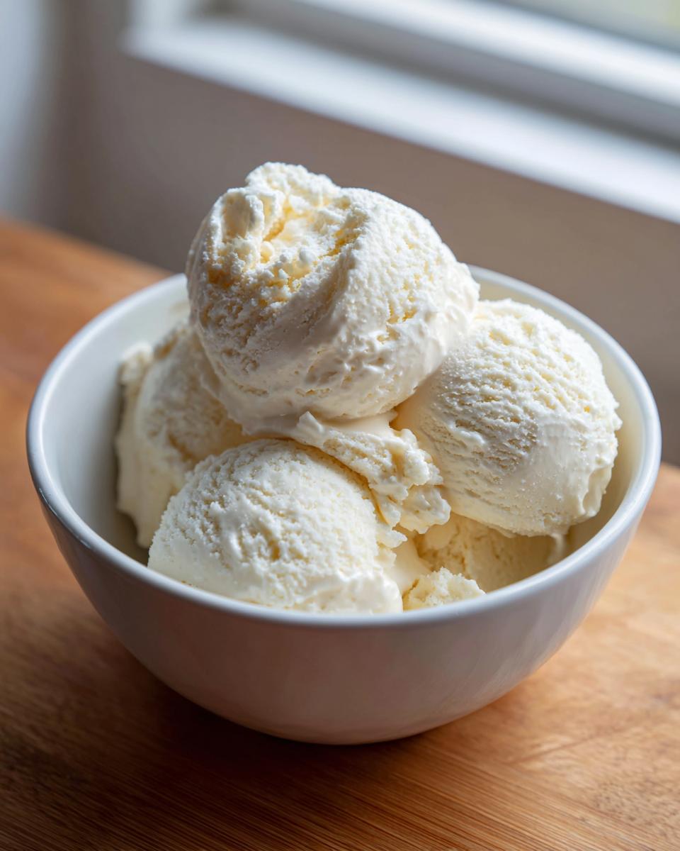 Close-up of several scoops of creamy white cottage cheese ice cream served in a white bowl on a wooden surface.