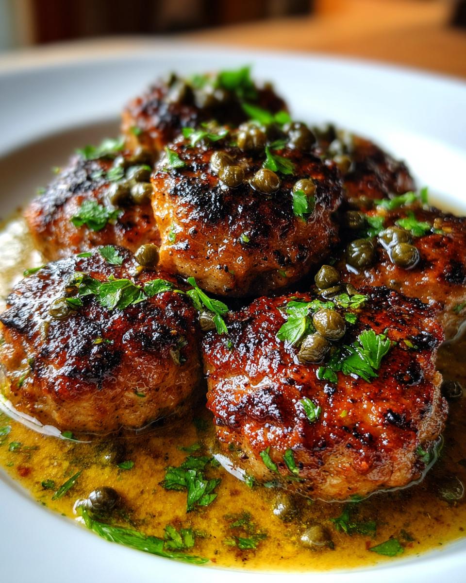 Close-up of seared chicken piccata meatballs topped with capers and parsley in a lemon butter sauce.