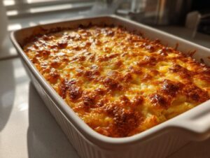 A close-up of a freshly baked potato casserole in a white dish, featuring a bubbly, golden-brown cheese crust.