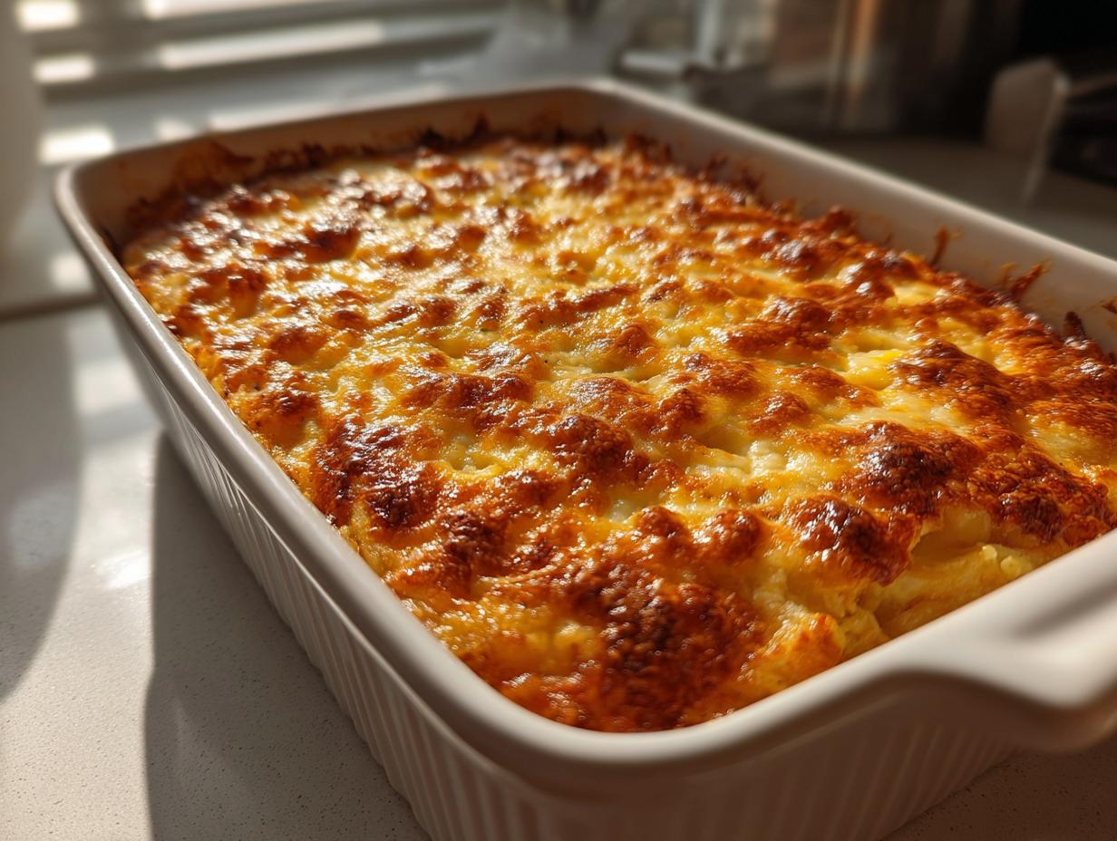 A close-up of a freshly baked potato casserole in a white dish, featuring a bubbly, golden-brown cheese crust.
