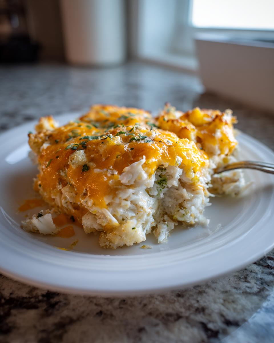A close-up of a serving of chicken cauliflower rice casserole topped with melted cheddar cheese and parsley.