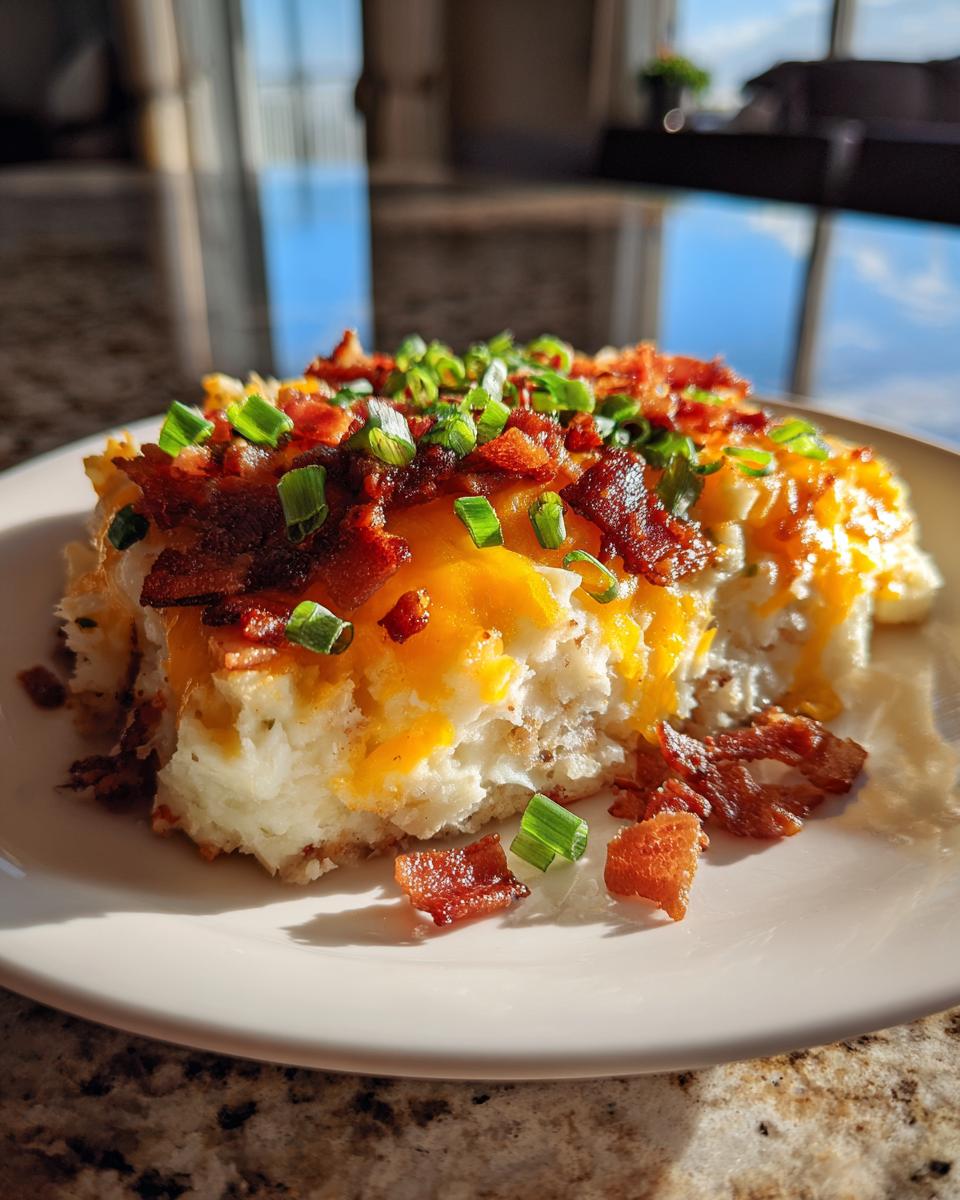 A generous serving of loaded mashed potatoes topped with melted cheddar cheese, crispy bacon bits, and fresh green onions.