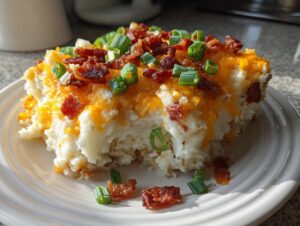 A generous serving of creamy loaded mashed potatoes topped with melted cheddar cheese, crispy bacon bits, and fresh green onions.