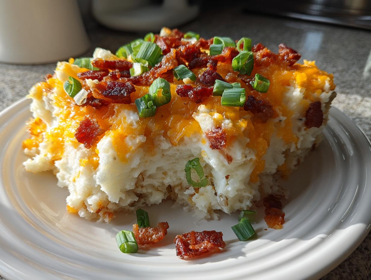 A generous serving of creamy loaded mashed potatoes topped with melted cheddar cheese, crispy bacon bits, and fresh green onions.