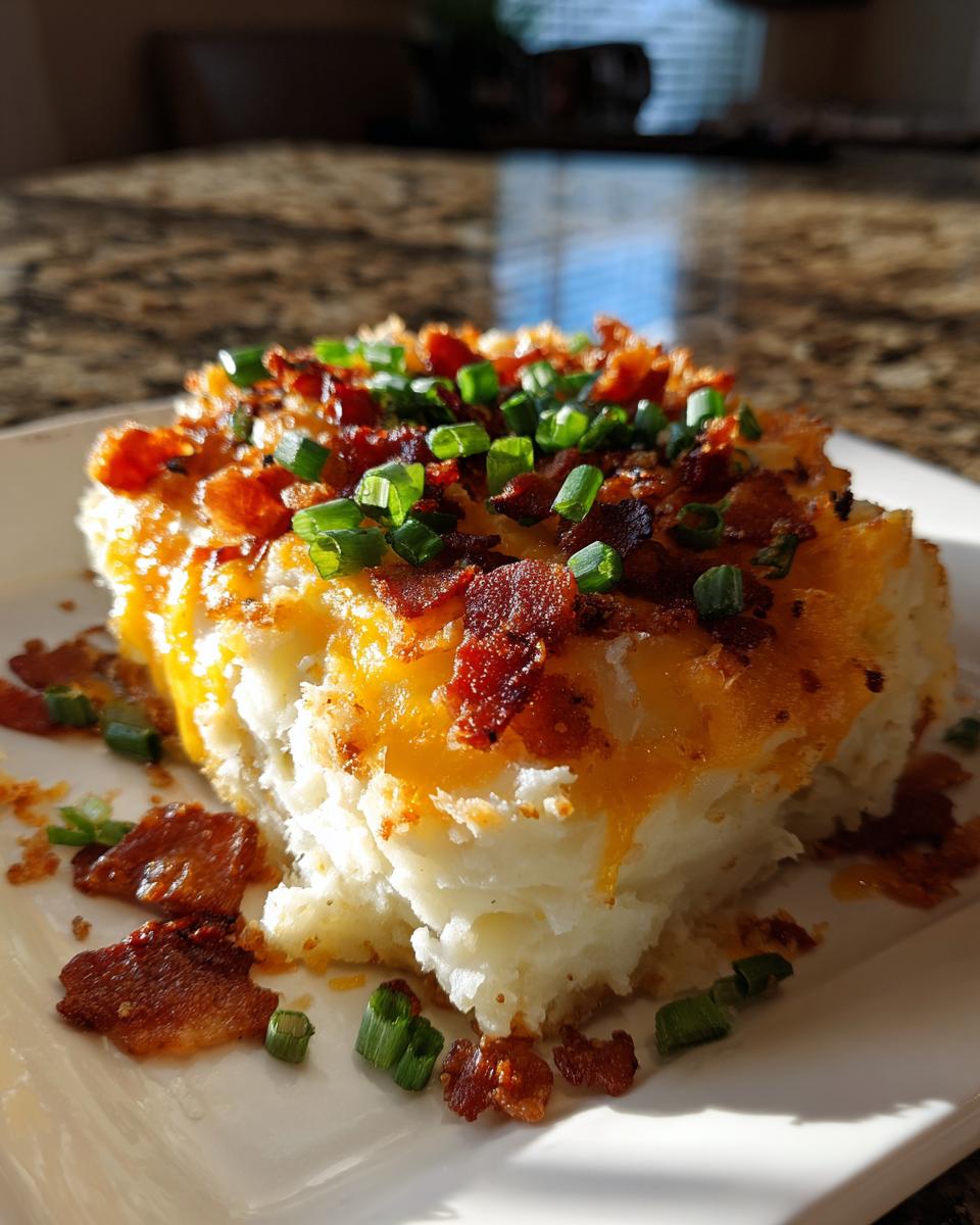 A generous serving of creamy loaded mashed potatoes topped with melted cheddar cheese, crispy bacon bits, and fresh green chives.