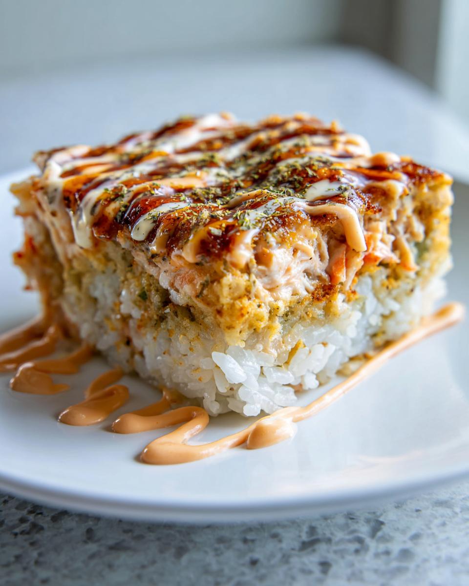 A square serving of baked salmon sushi bake topped with spicy mayo and eel sauce.